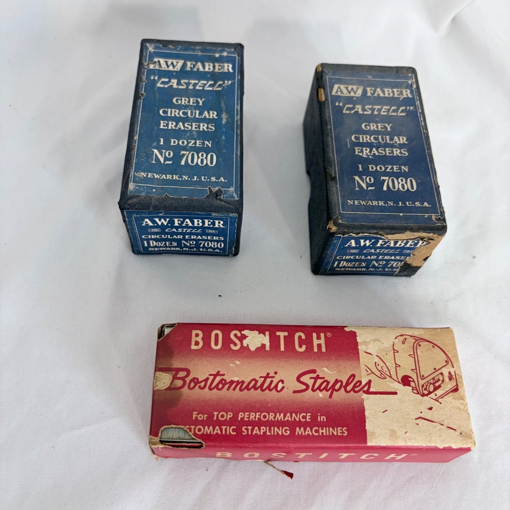 Vintage AW Faber Bostitch Erasers and Staples Lot No 7080 Bostomatic Blue Red OS